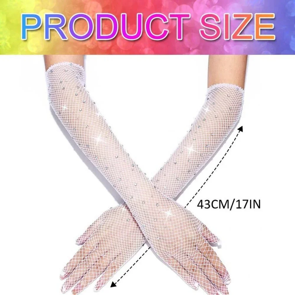 Women's Rhinestone Mesh Rave White Long Gloves Elbow Length Halloween Costume